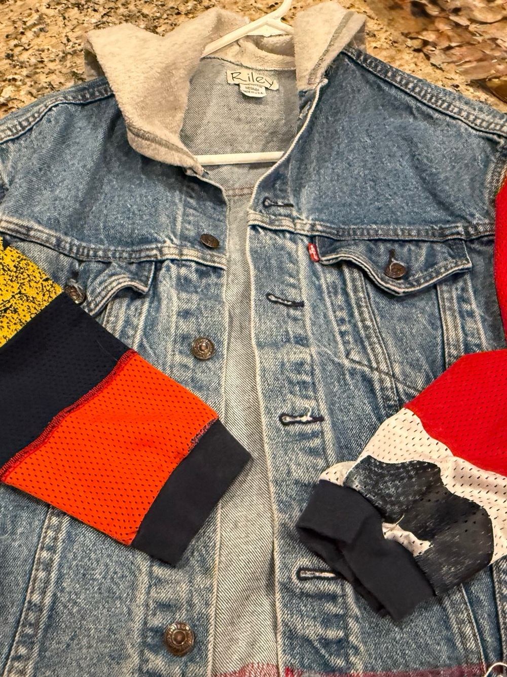 Riley Boutique Custom Levi’s Denim Hooded Jacket w/ Color-block Jersey Sleeves